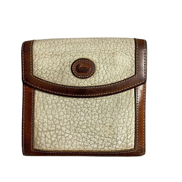 Vtg Dooney Bourke Wallet Pebbled Leather Cream Brown Tri Fold Cash Card Kisslock - Picture 1 of 11